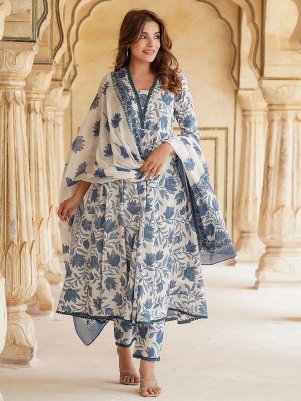 Floral Printed Anarkali Kurta with Trousers & With Dupatta
